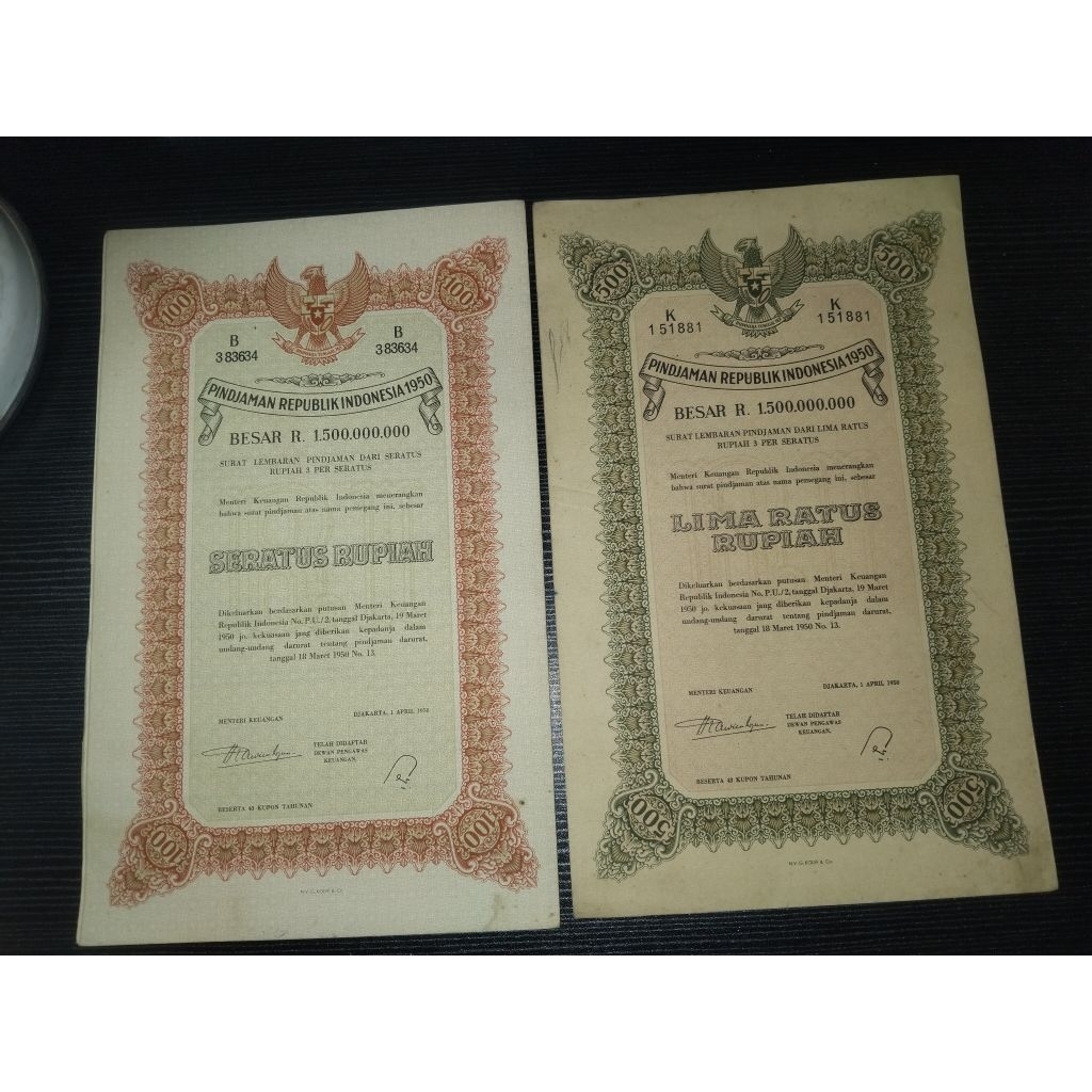 Dokumen jadul Obligasi Pindjaman Republik Indonesia Th 1950