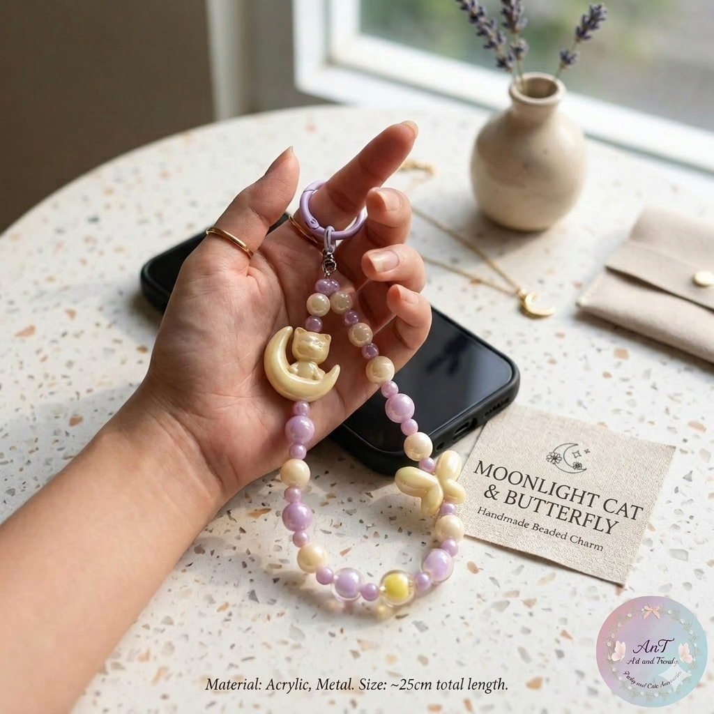 Moonlight Cat & Butterfly Phone Charm