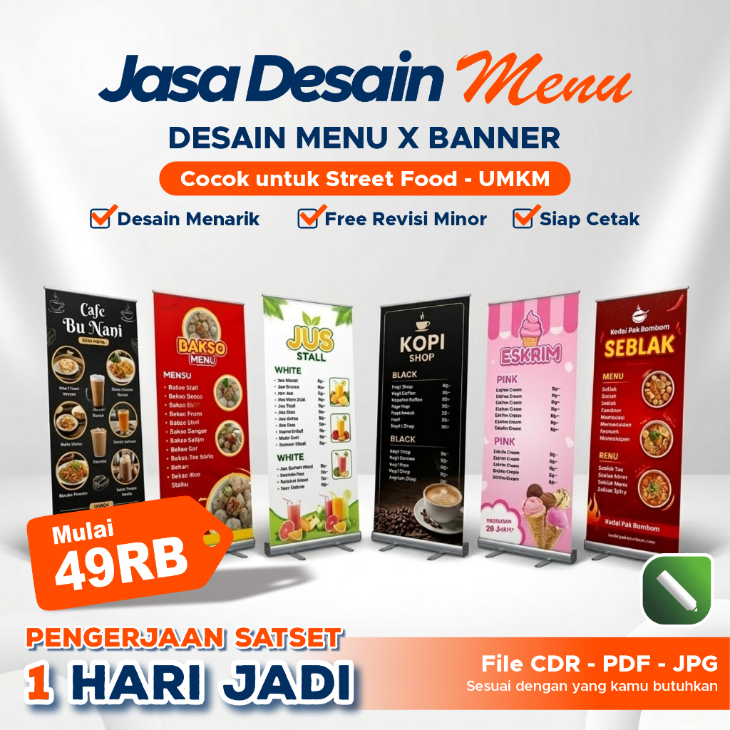 Jasa Desain Menu Stand Banner | Desain X Banner Menu Makanan Minuman Cafe, Booth UMKM Siap Cetak
