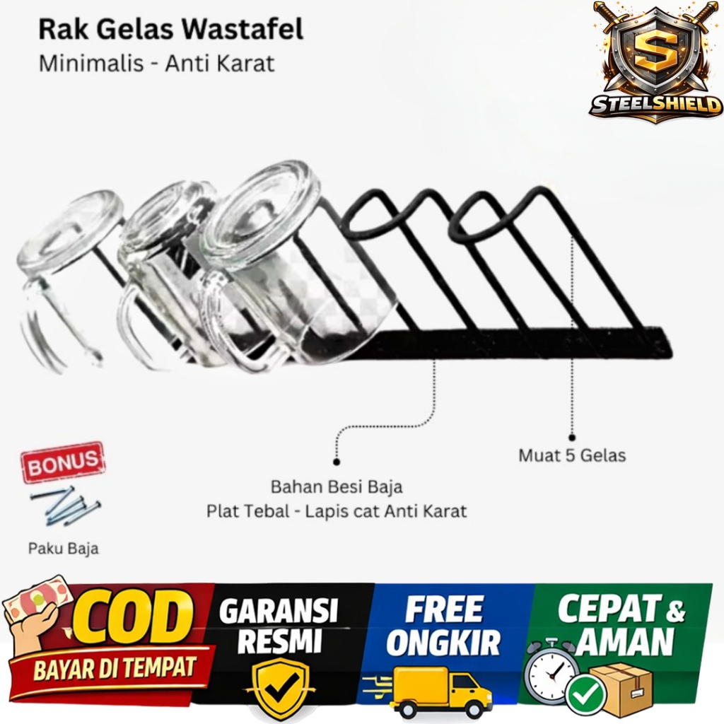 Rak Gelas Wastafel Dapur Hitam – Rak Tiris Gelas Gantung Dinding Minimalis Anti Karat