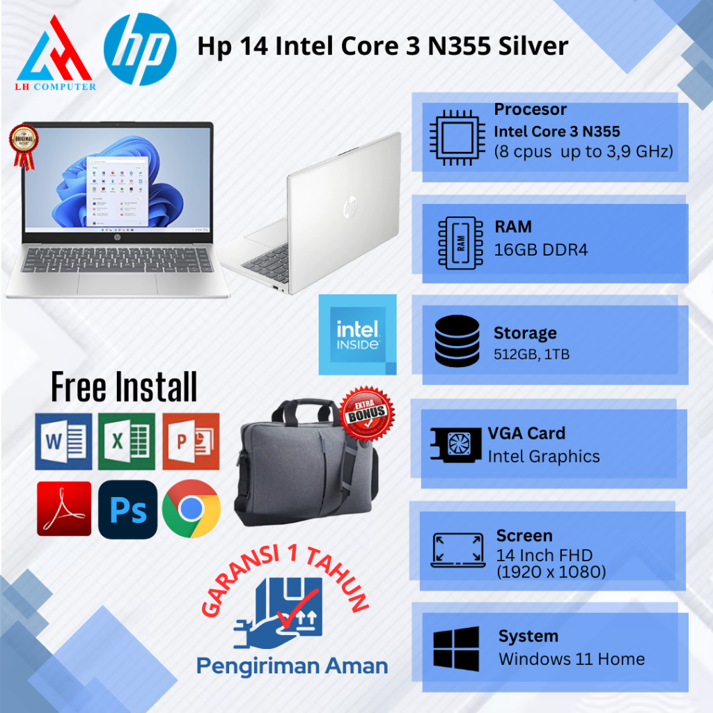 Laptop Baru Hp Intel Core 3 N355 8Cpu 3,9Ghz | Core i3 1315u (Gen13) 8cpus up to 4.5GHz Touchscreen