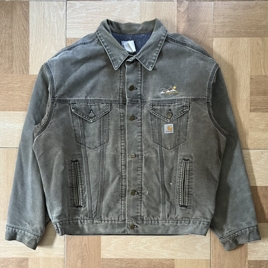 Vintage Faded Carhartt JB142 Detroit Trucker Jacket Grey Brown Inner Blanket Size XL