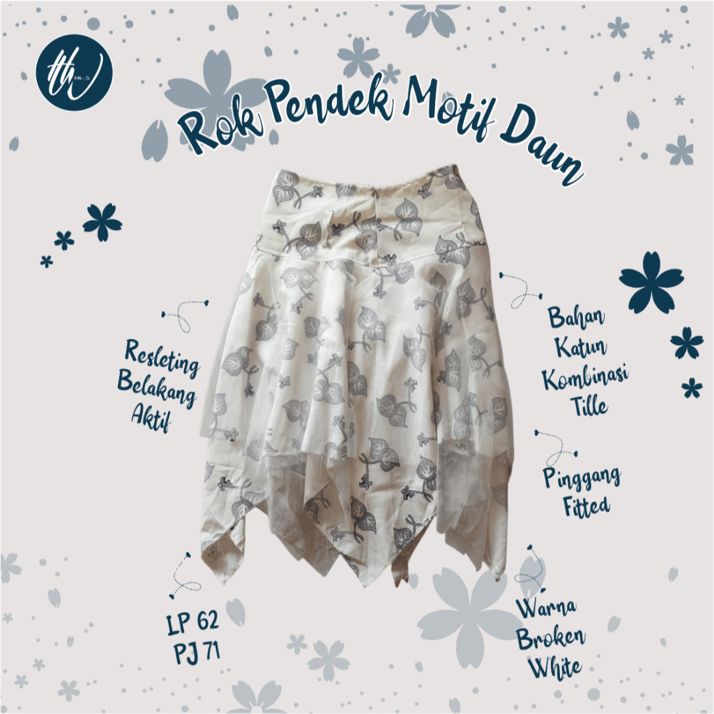 Rok Broken White Katun Kombinasi Tille Preloved | Rok Pendek Motif Daun Asimetris