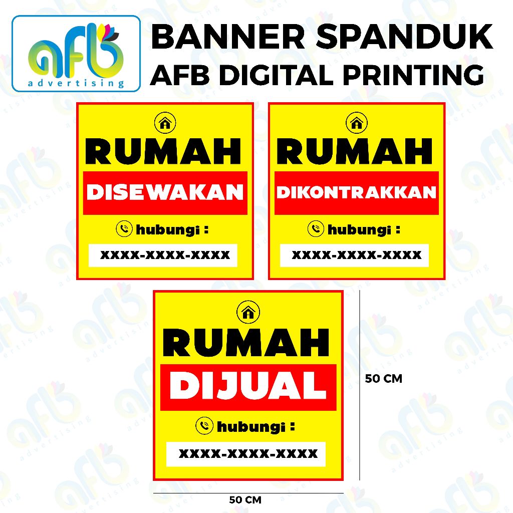 AFB PRINTING - Banner Spanduk Properti (RUMAH DISEWAKAN, RUMAH DIJUAL, RUMAH DIKONTRAKKAN) Ukuran 80