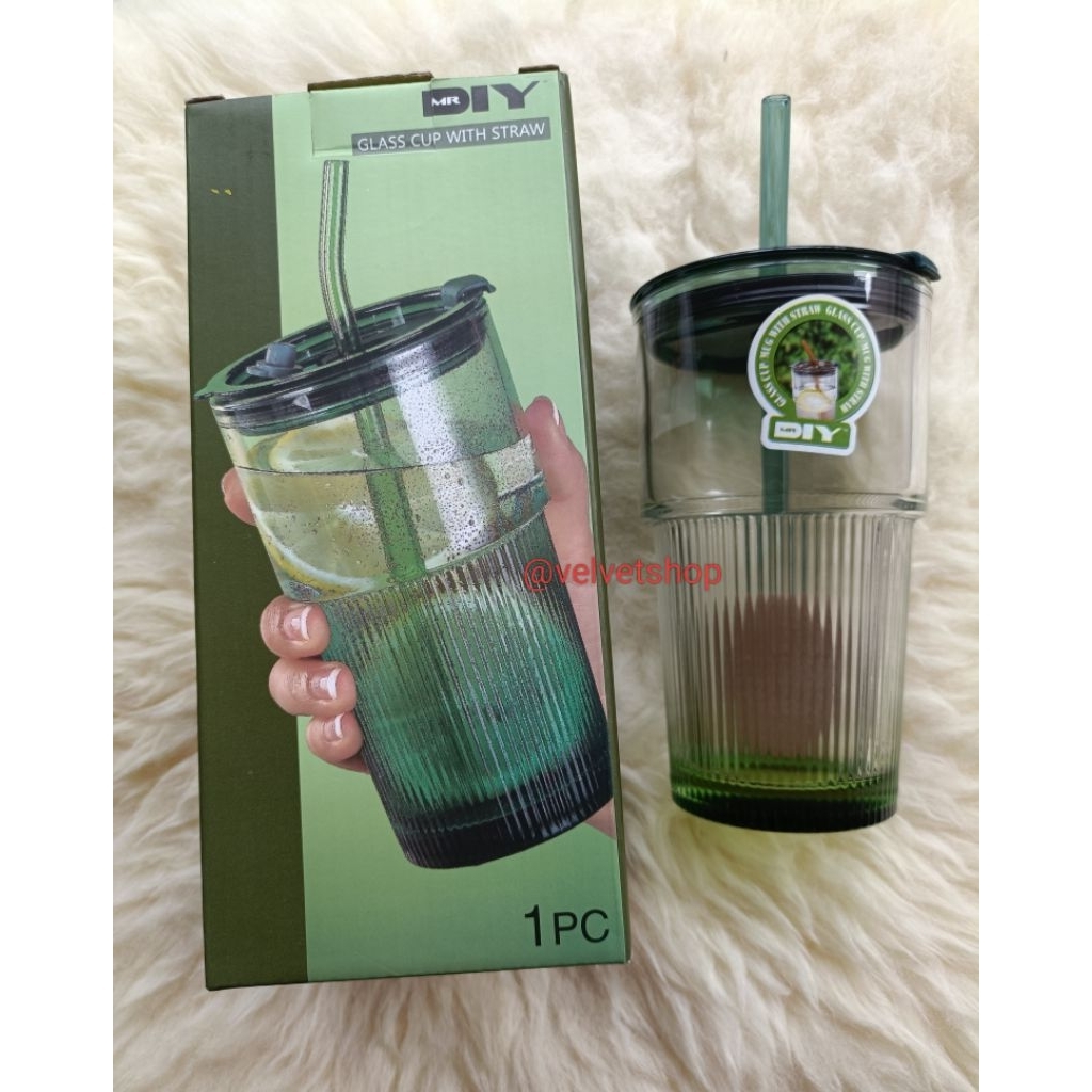 Gelas Botol Kaca Mr DIY Tumbler Minum dengan Sedotan Kaca Glass with Lid and Sleeve Straw Cup 500 ml