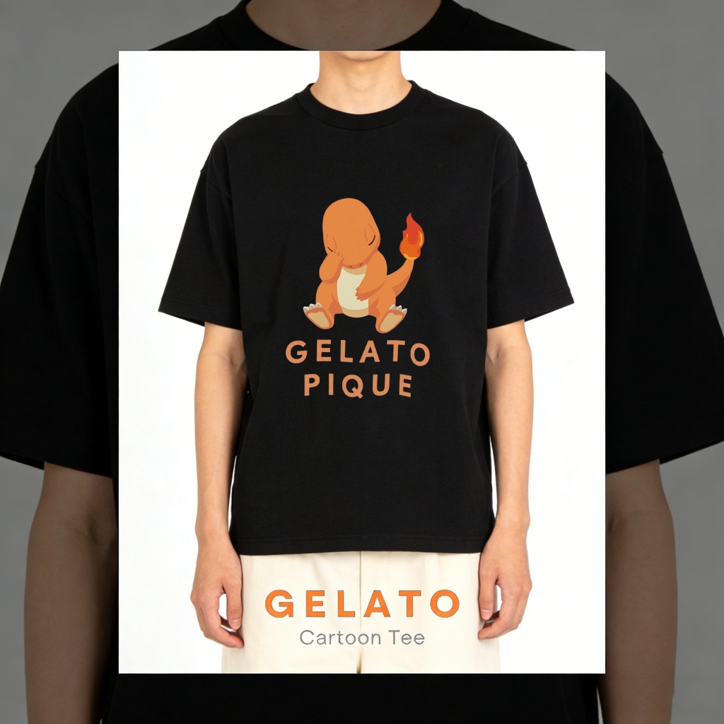 Gelato Pique Official Store Kaos oblong dengan motif kartun Pokemon Charmander, Kaos Unisex, Kaos Di