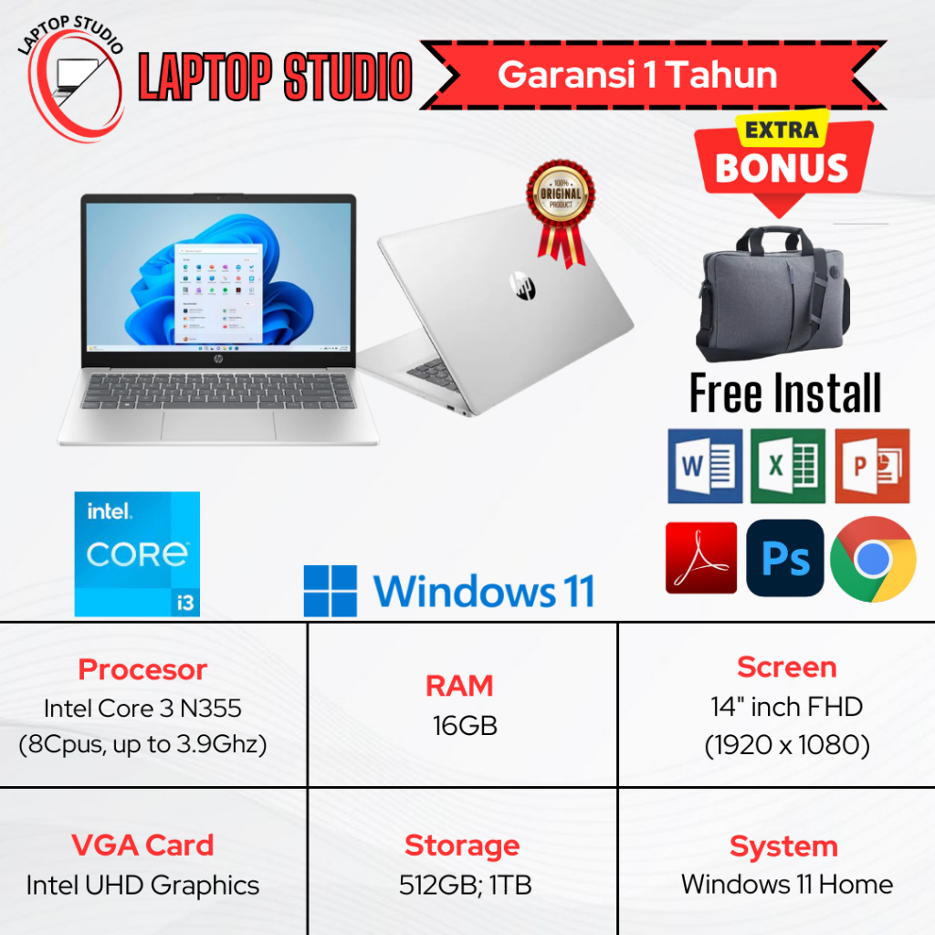 Laptop Baru Hp Intel Core 3 N355 | Intel Core i3 1315u (Gen13) SSD