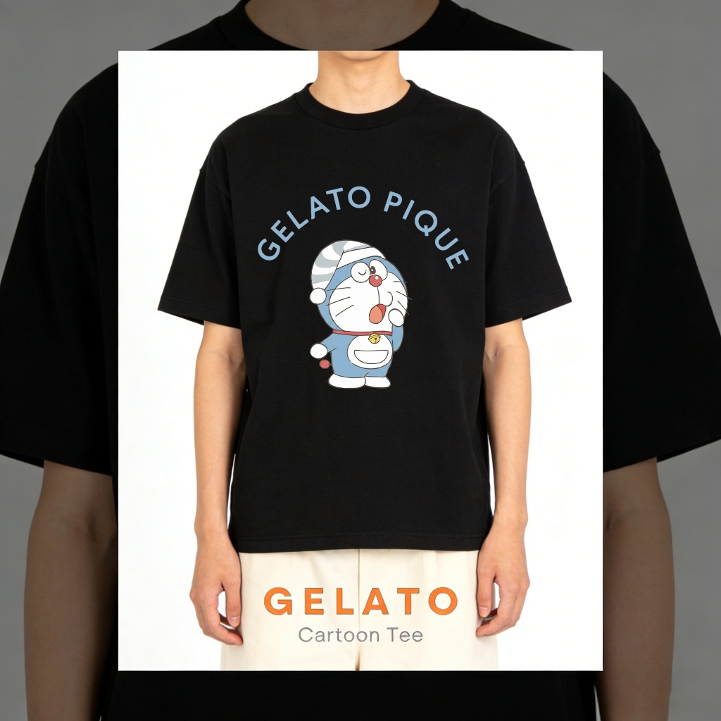 Gelato Pique Official Store Kaos oblong dengan motif kartun Doraemon Topi tidur, Kaos Unisex, Kaos D