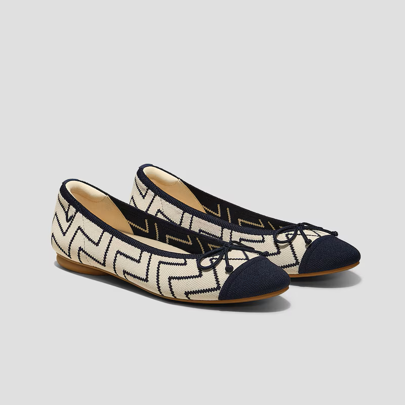 VIVAIA Sepatu Wanita Almond-Toe Bow Flats (Tiana) - vory Navy V-Print