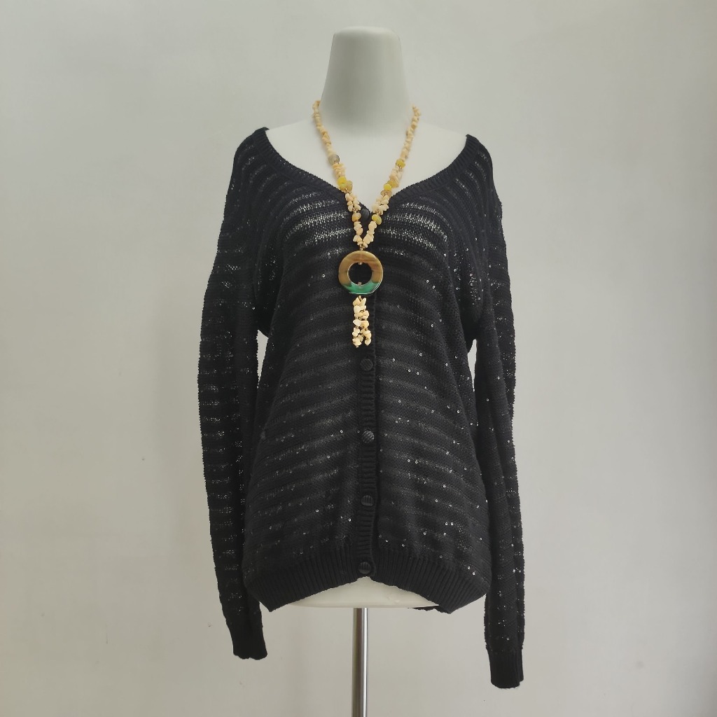 Giordano Cardigan Rajut Wanita Black Sequin V-Neck Original Size XL (AVCBB045)