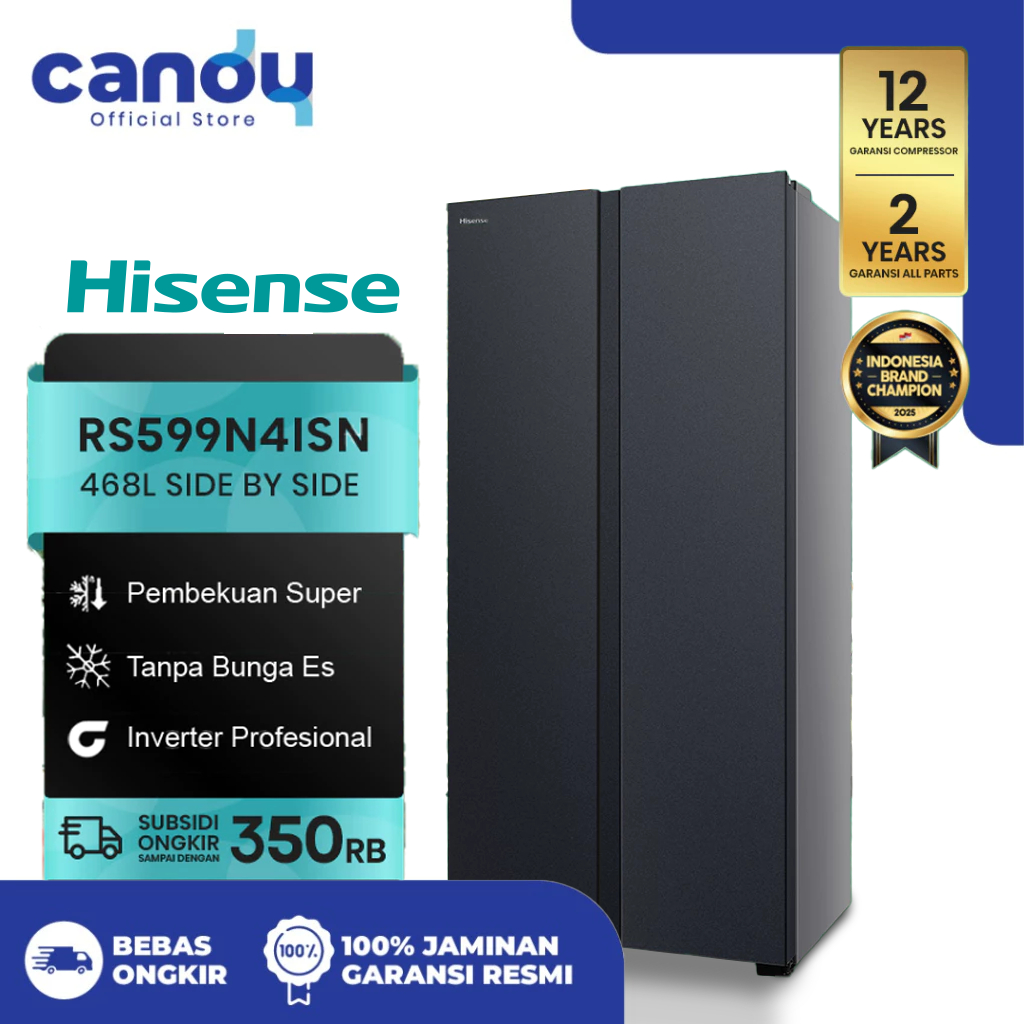 Hisense Kulkas RS599N4ISN Refrigerator Side By Side Kapasitas 468L Warna Abu-abu Inverter Pro Tanpa 