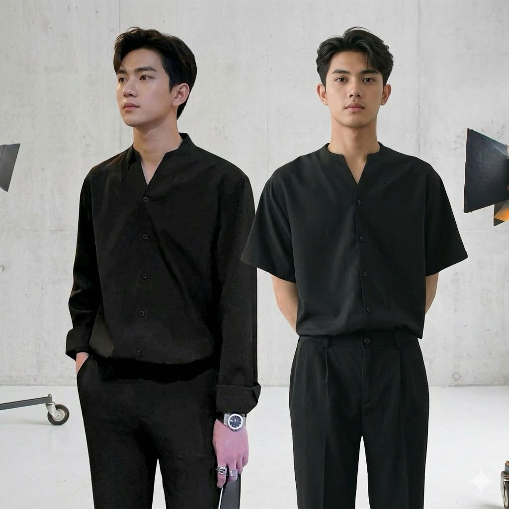 Kemeja BTS korea tanpa kerah lengan panjang dan lengan pendek polos hitam putih kerah cuban
