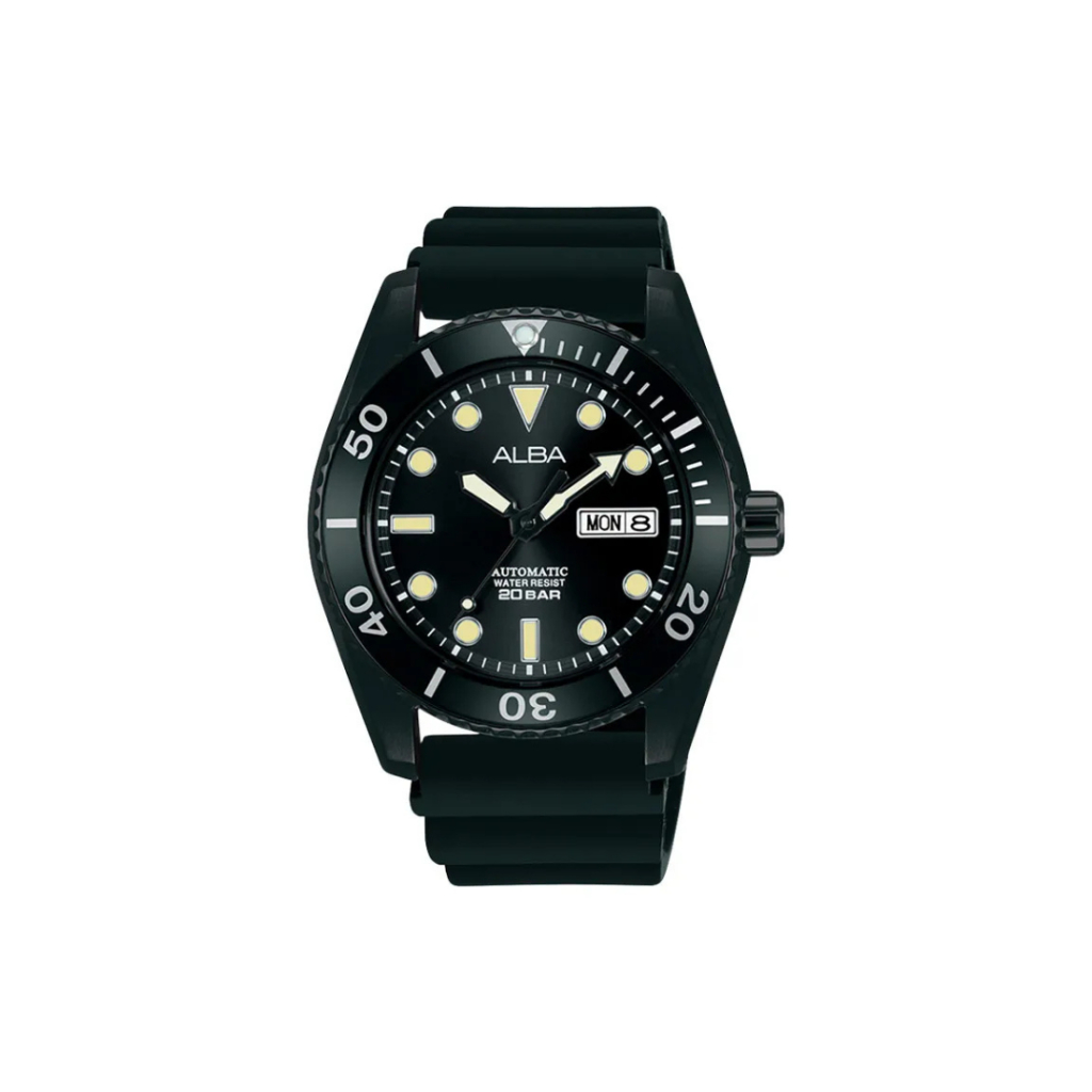 Jam Tangan Pria Alba Mechanical AL4297 AL4297X1 Automatic Men Strap Silicone Black Dial Color Hitam 