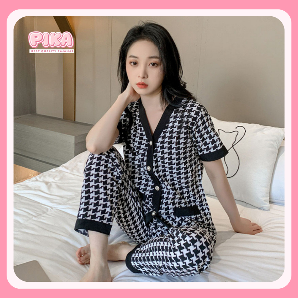 PIKA Piyama Baju Tidur Set Wanita Dewasa Pakaian Setelan Lengan Pendek Celana Panjang Bahan Satin Vi