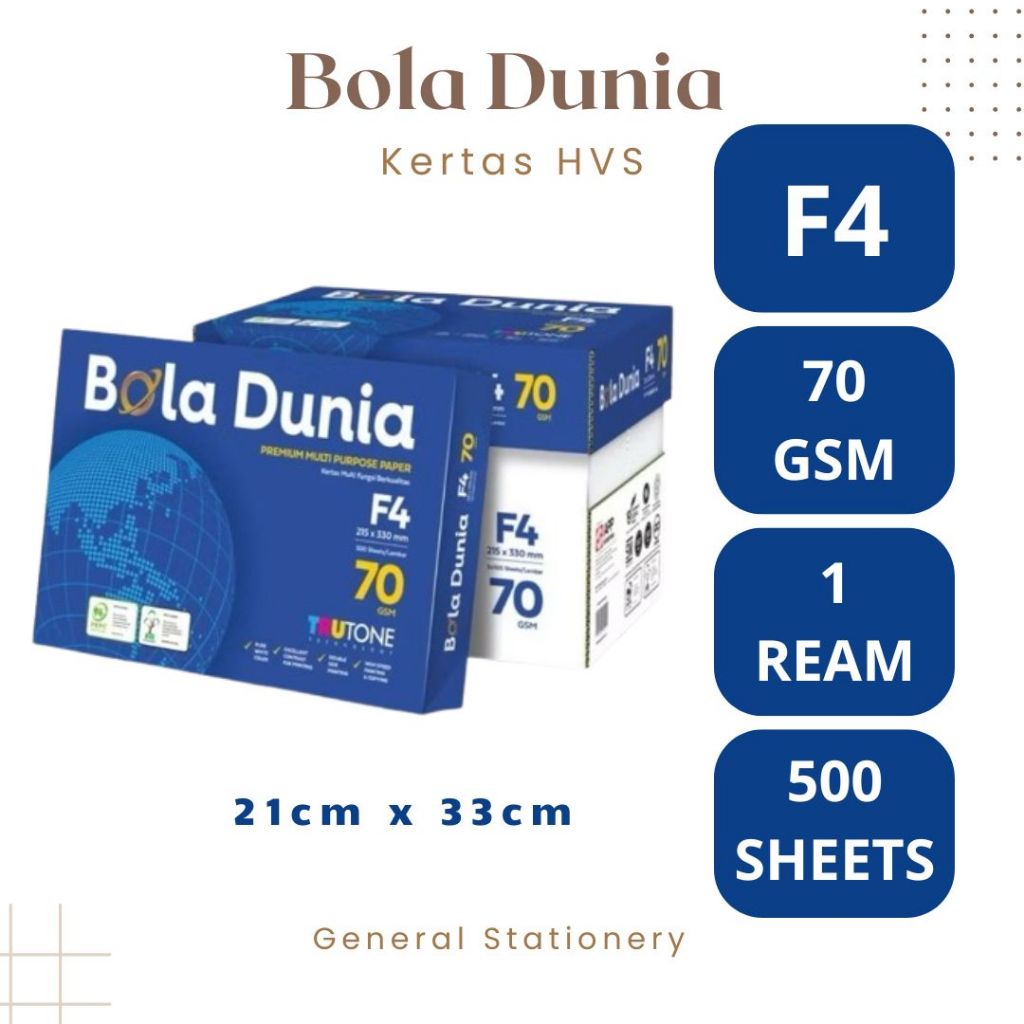 Bola Dunia Paper HVS F4 70 Gsm / Kertas FotoCopy Hvs F4 70 Gsm Merk Bola Dunia / 1 Rim