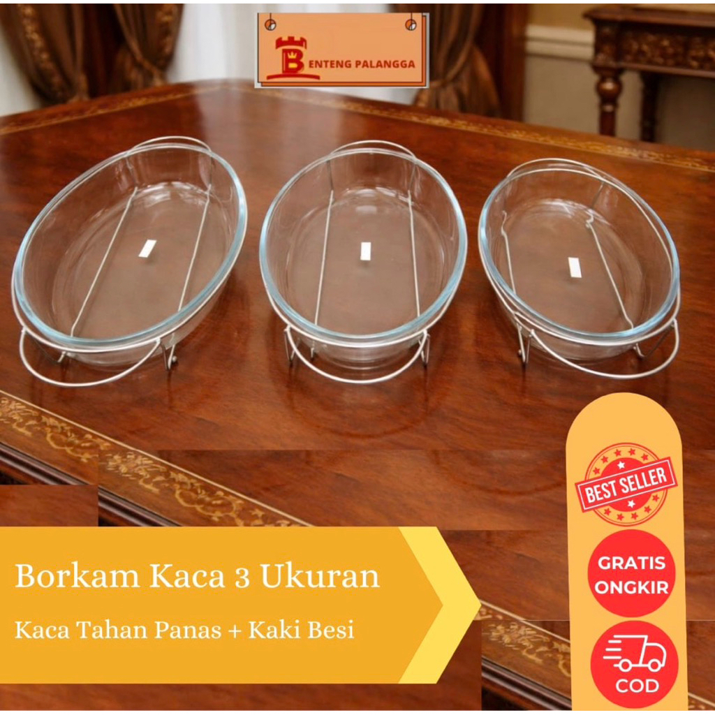 Borkam Oval 3Pcs Beda Ukuran Kaca Tahan Panas Kaki Besi/ Piring Saji Kaca Acara Pesta Jamuan Makan T