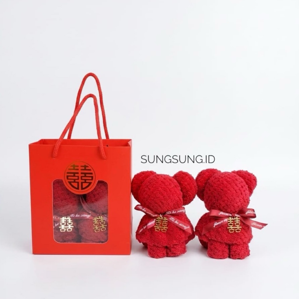 Handuk Beruang Souvenir Sangjit Chinese Wedding / Kotak Souvenir Sangjit isi 2 pcs (2293)