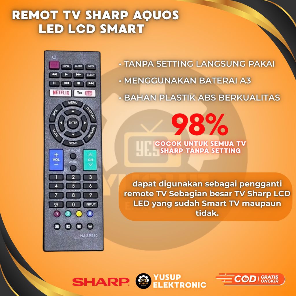 REMOT LED SHARP REMOTE TV SHARP AQUOS LCD LED SMART TV NETFLIX/YOUTUBE