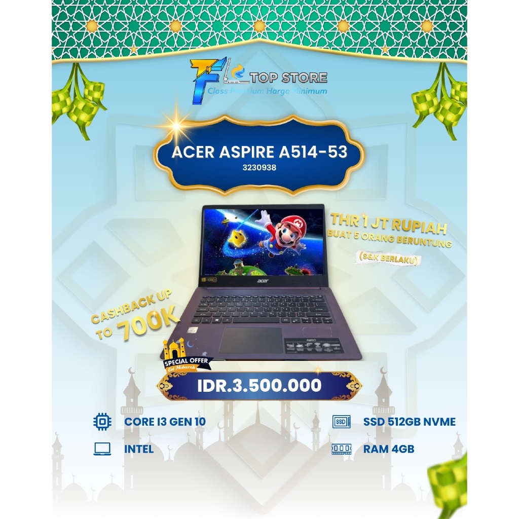 LAPTOP ACER ASPIRE A514-53 INTEL CORE I3 GEN 10 SSD NVME 512GB/4GB
