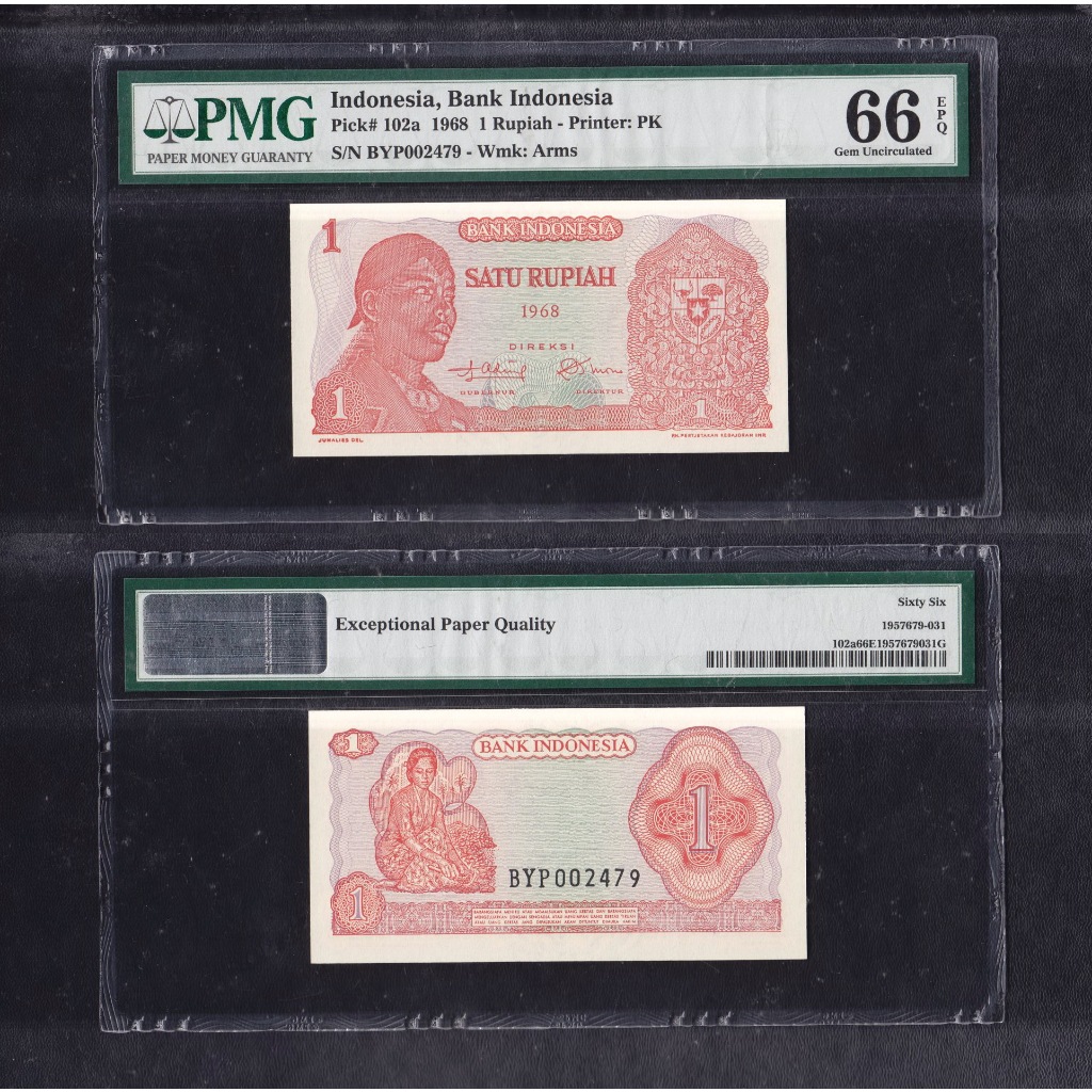 Uang kuno PMG 66 EPQ -1 Rupiah tahun 1968 Jendral Sudirman S/N BYP002479