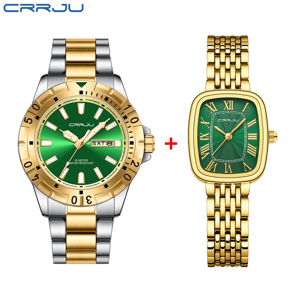 CRRJU Jam Tangan Couple Pasangan Anti Air Original Keren Elegan Terbaru Hitam Rantai Stainless Watch