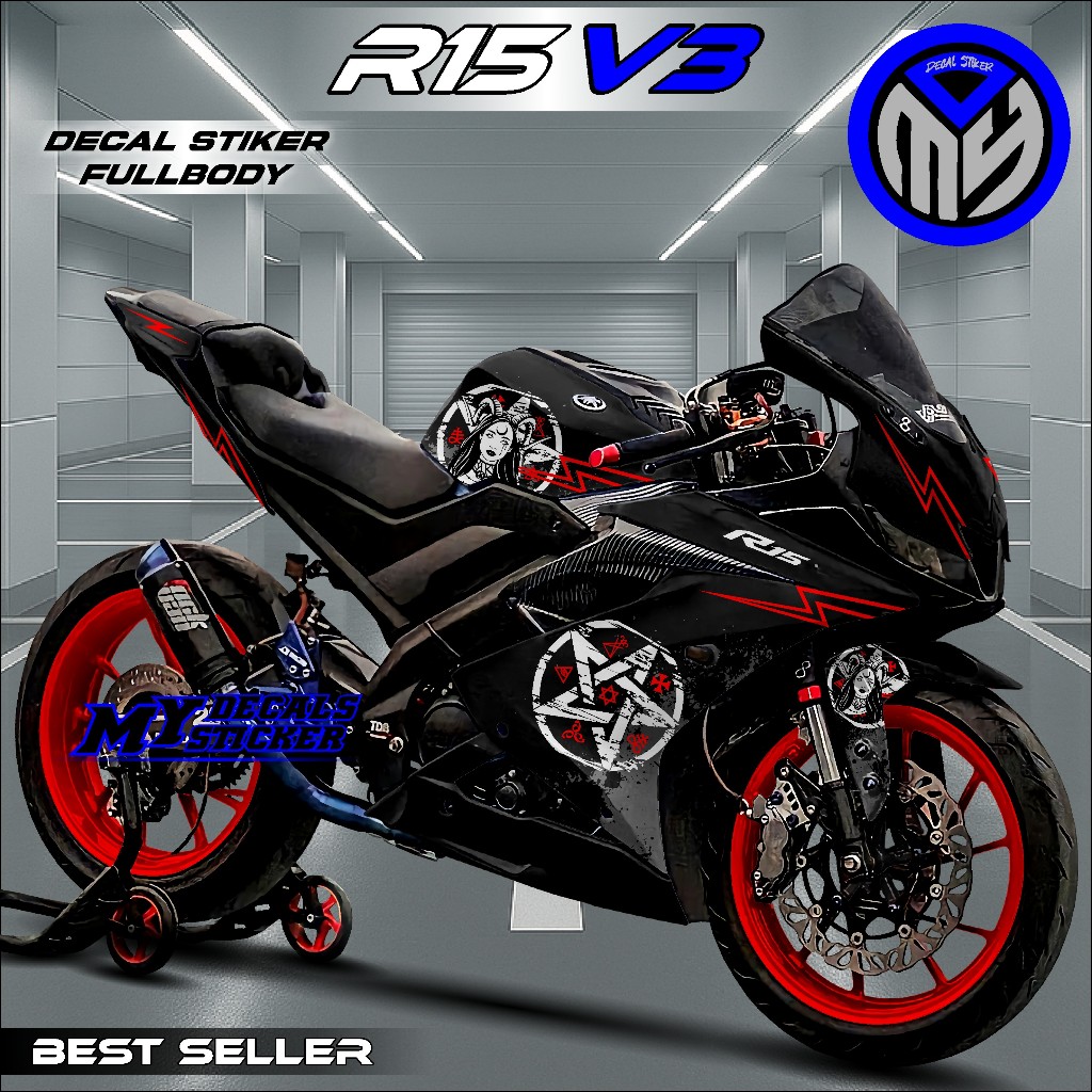 Decal Stiker Fullbody Yamaha R15 V3 Hitam Merah Motif Satanic Keren - Striping Variasi Motor R15 V3