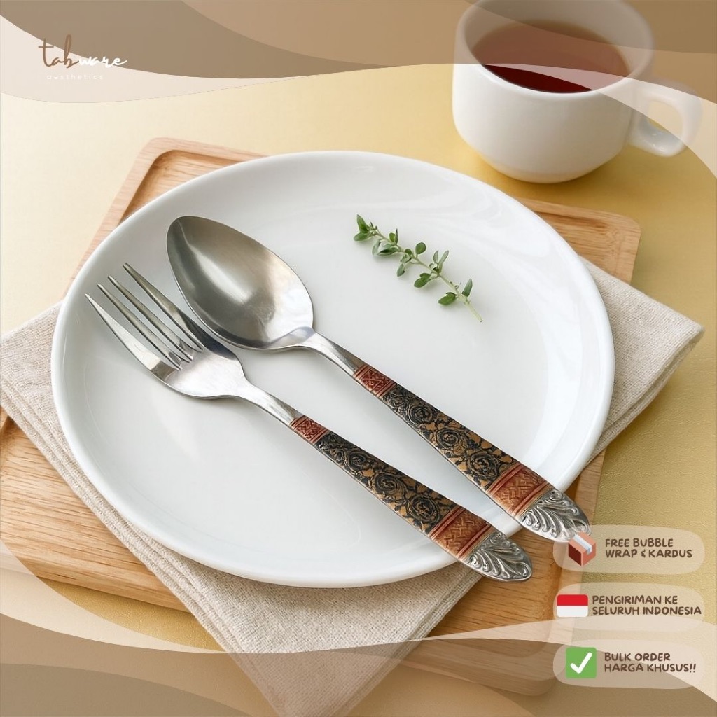 (1 set) Sendok Garpu Makan Batik Stainless Steel Premium/Sendok Set Stainless/Sendok Garpu Motif