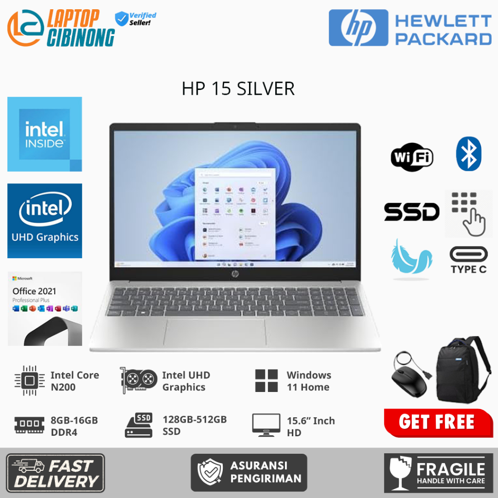 Promo Laptop Murah Hp 15 Intel N200 Ram 16GB Webcam Windows 11 Office 2024 Silver