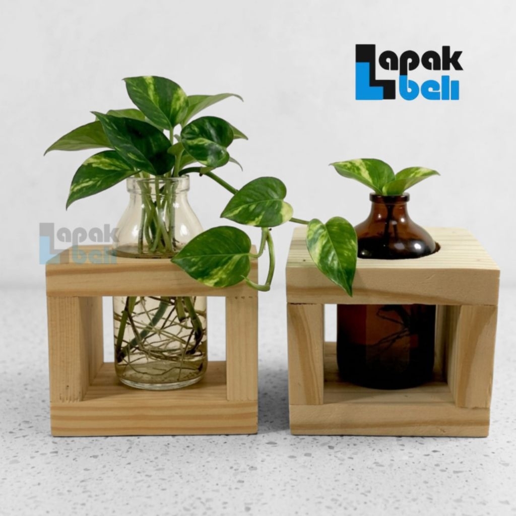 Vas Bunga Botol Kayu | Pot Botol Estetik | Vas Kaca mini | Standing Pot Kayu