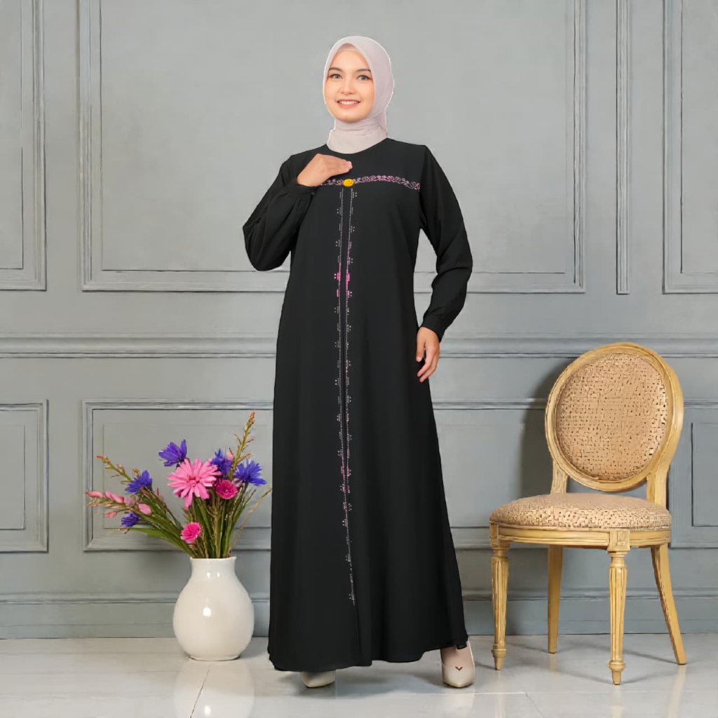 Gamis Ceruty Babydoll Import - Gamis Polos Mewah Payet Mesin Pres - Dress Muslimah Piyas Tengah
