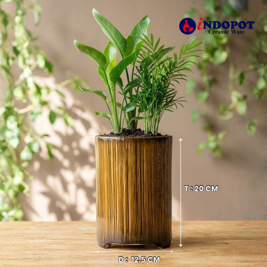 INDOPOT | Vas Keramik Model Tebu Coklat | Motif Serat Kayu Dekorasi Meja