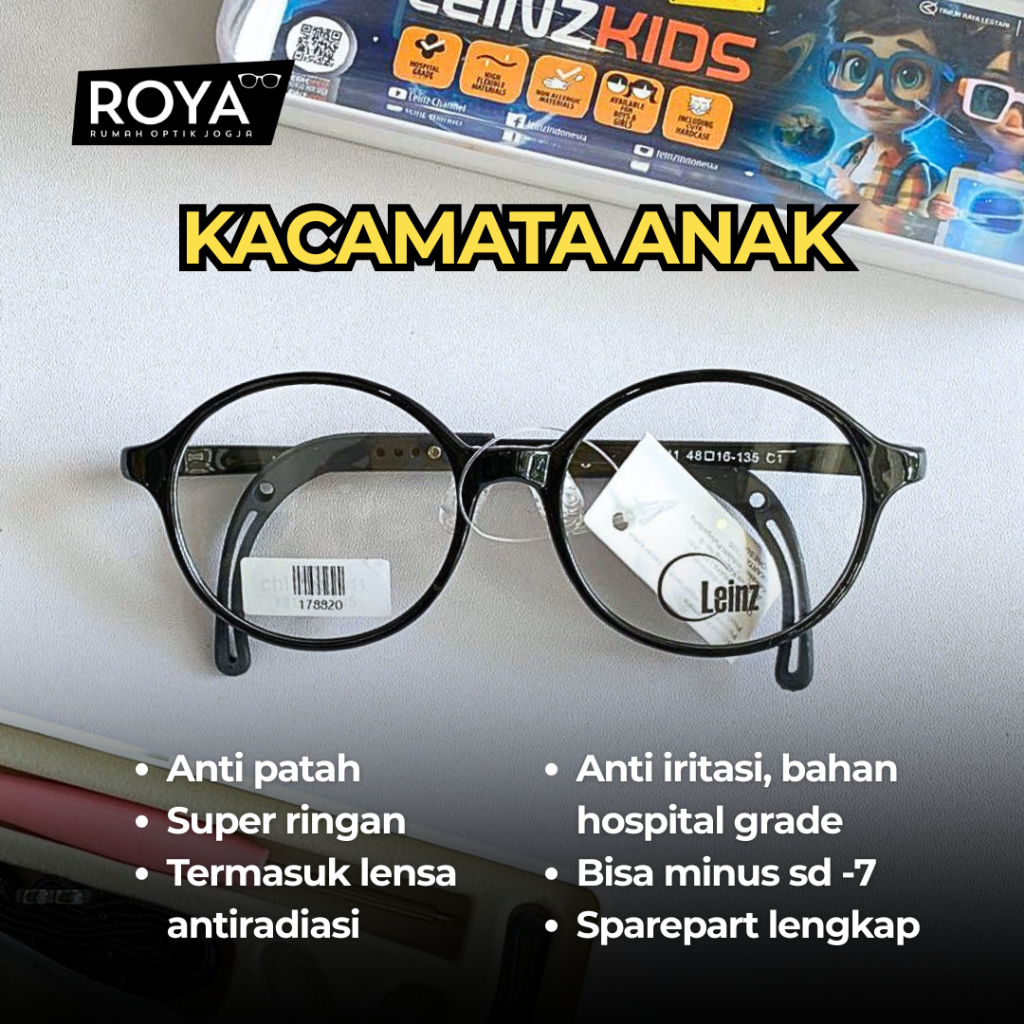 ROYA - Kacamata Anak Leinz Original Lentur Anti Patah Paket Lensa Anti Radiasi Minus 7 Hospital Grad