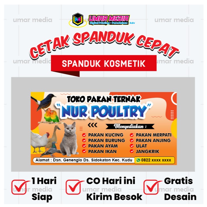 1 Hari Jadi Spanduk Toko Pakan Ternak – Banner Jual Pakan Ayam Ikan Burung Siap Cetak