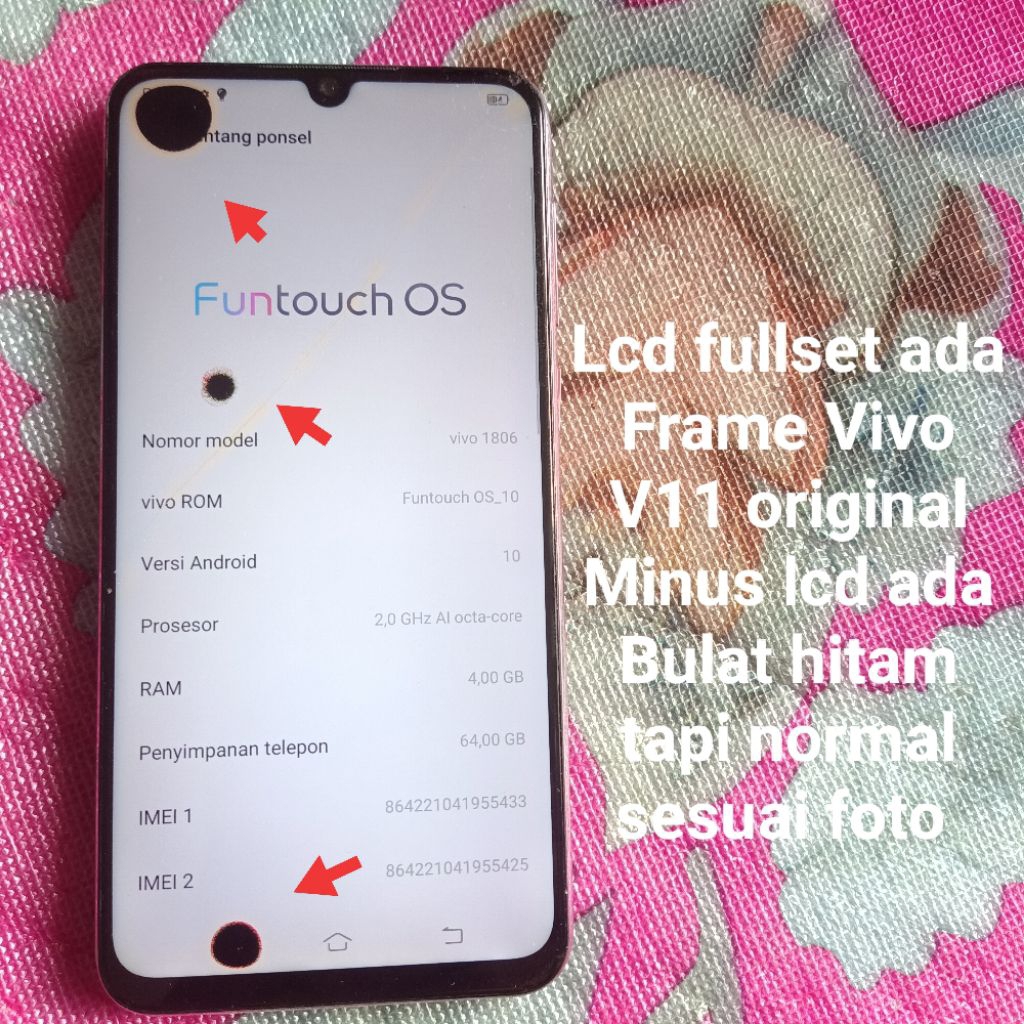 Lcd touchscreen ada Frame Vivo V11 1806 Normal minus ada 3 buat hitam tapi normal sesuai foto