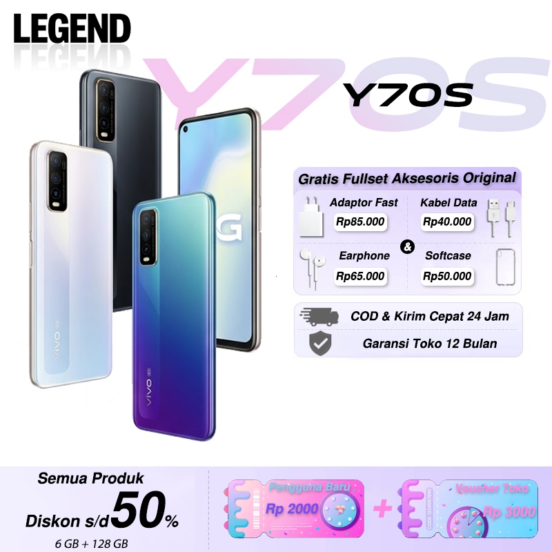 HP VIVO Y70s 5G RAM 8/256GB Baterai 4500mAh Layar 6.53" Second Mulus Fullset Garansi Toko 1 Tahun