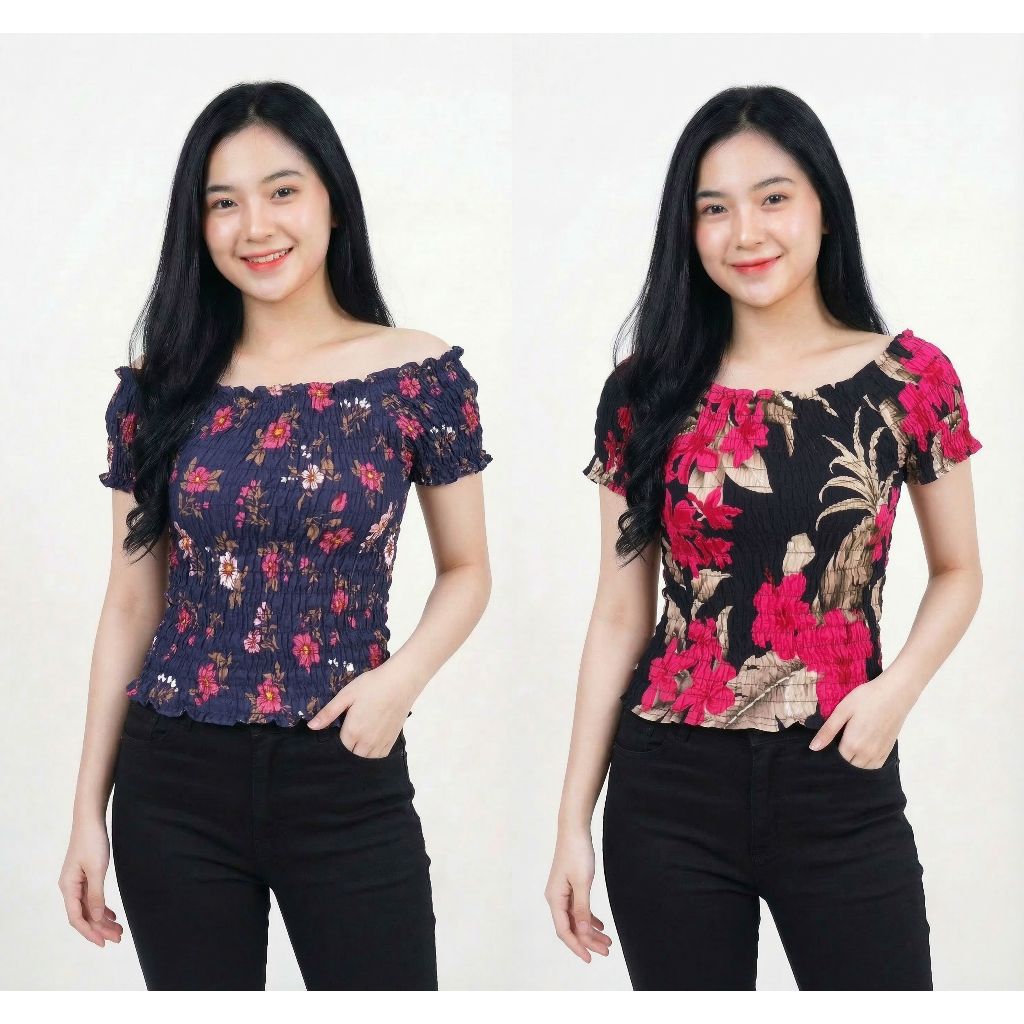 Atasan Sabrina Kerut Murah Motif Bunga