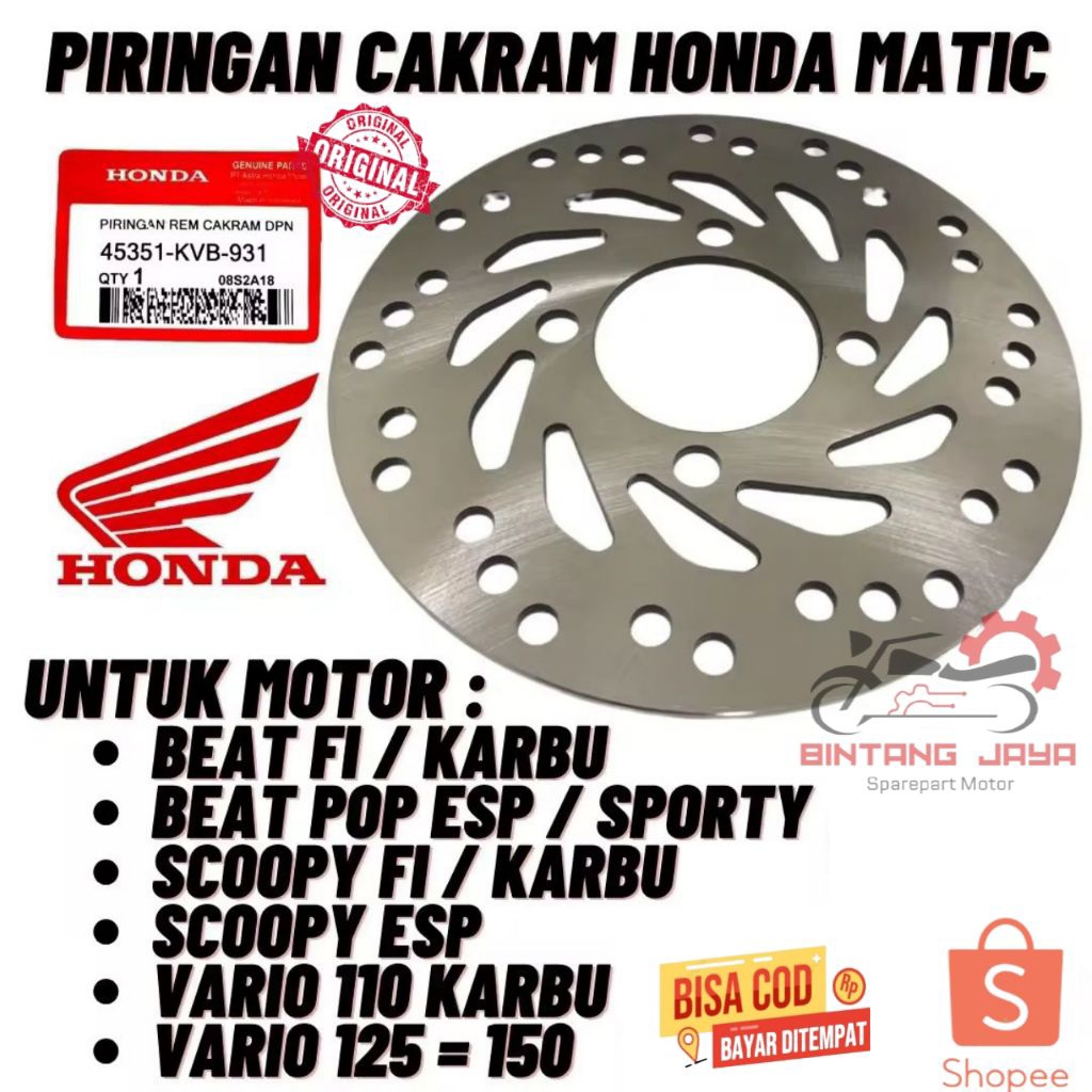100% ORIGINAL Disc Brake / Piringan Cakram Depan KVB / KZL Honda Matic Vario Beat Fi/Karbu Scoopy Sp