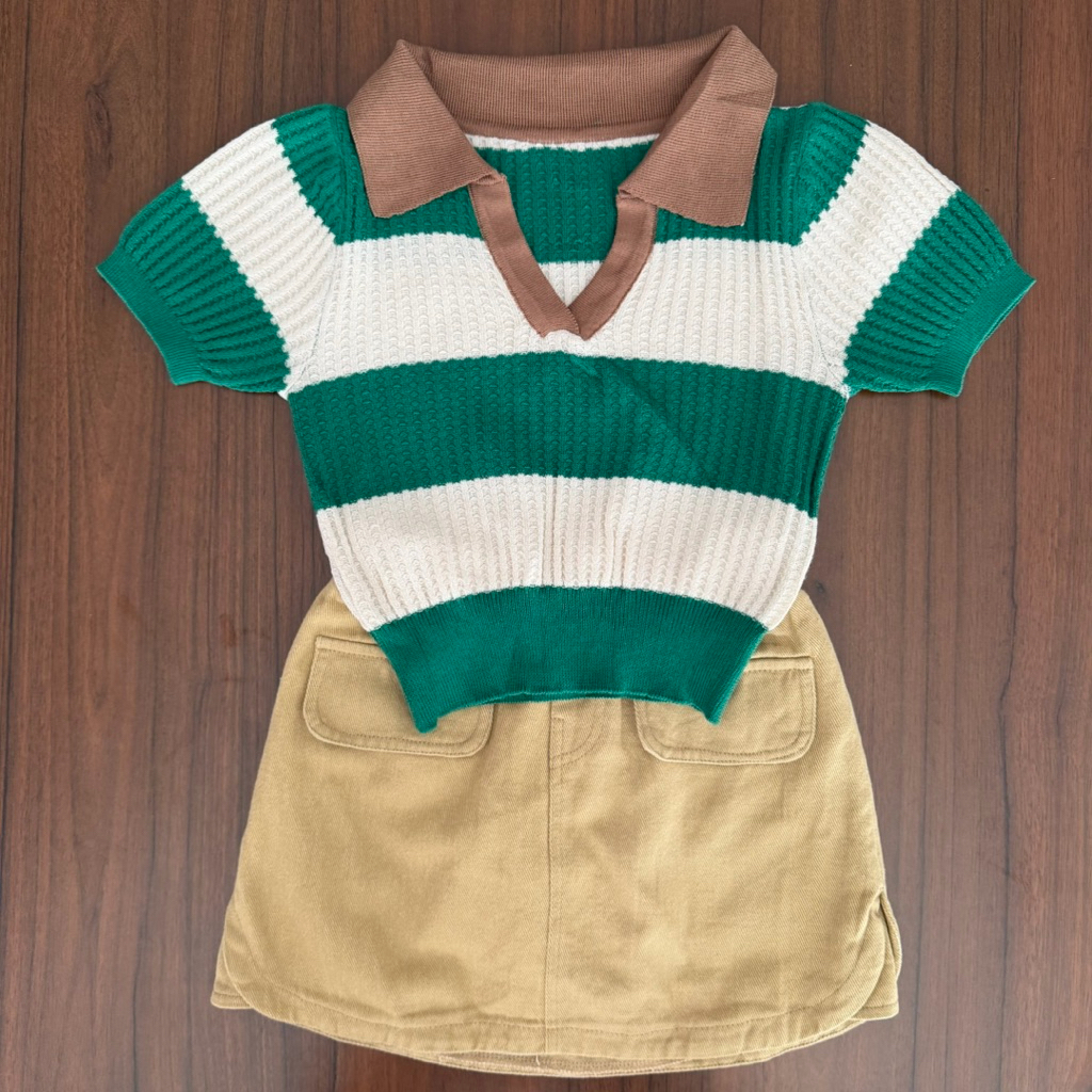 Tifana Set Setelan Atasan Rajut Garis Hijau dan Rok Jeans Premium untuk Anak-anak