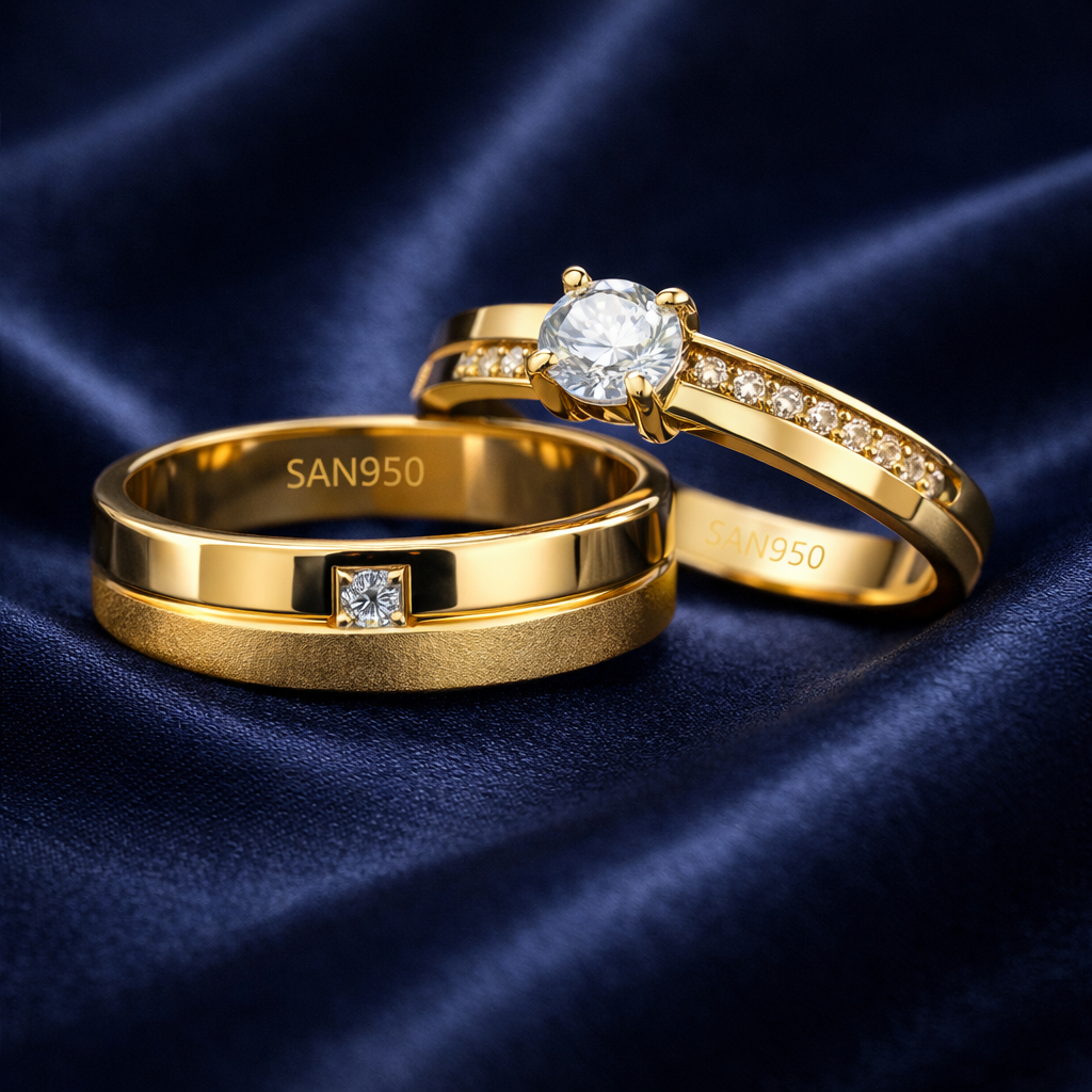 SAN950 Cincin Couple Perak 950 Lapis Emas Asli [C296] - Nikah & Tunangan | Sepasang Free Ukir Nama