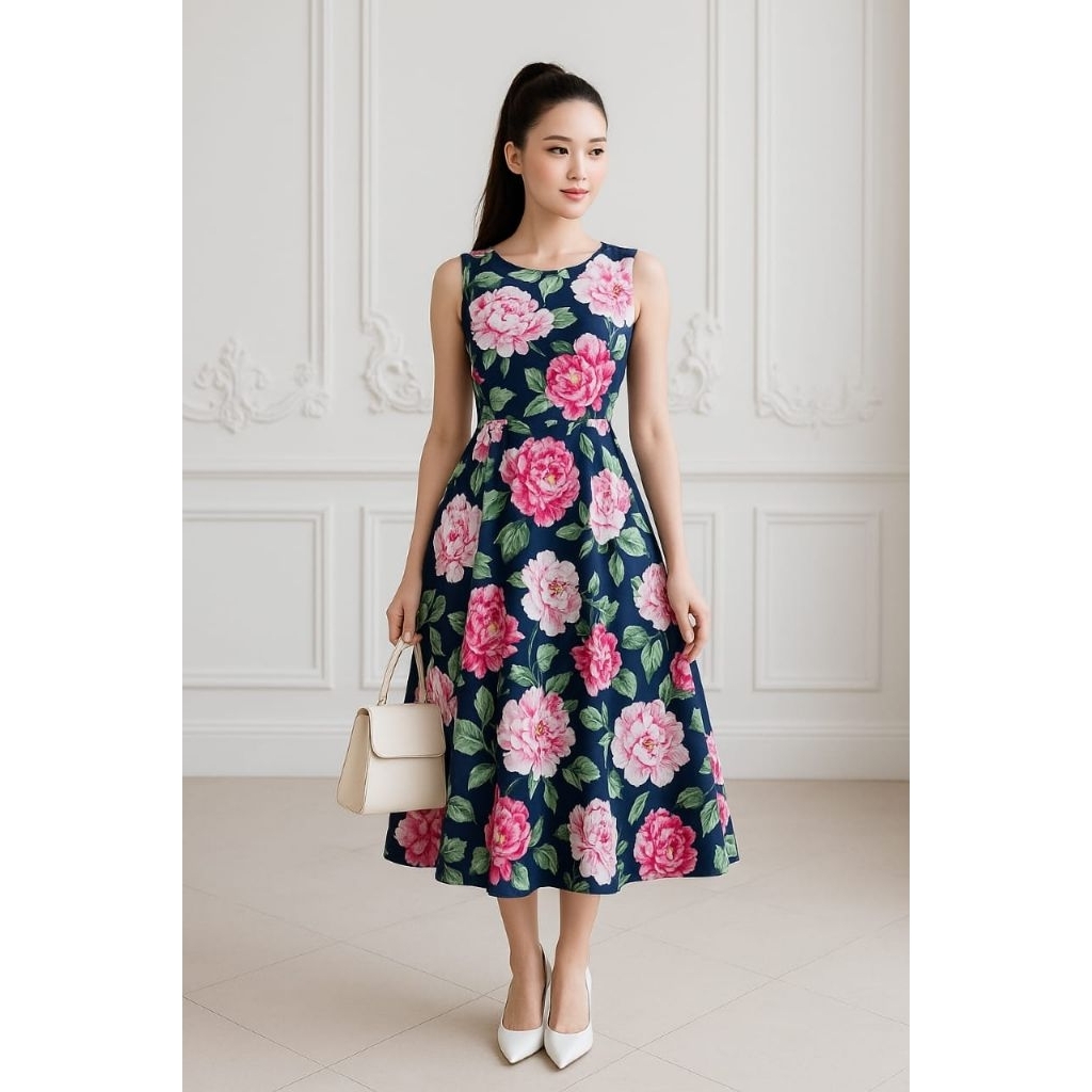 KOREA FLOWER DRESS NAVY NEW