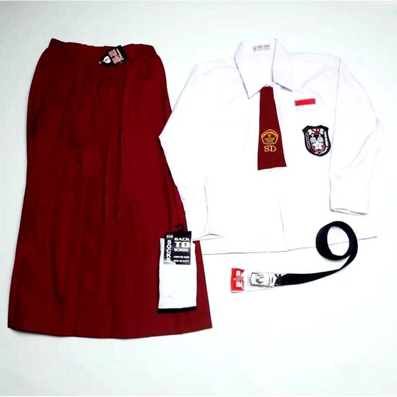 setelan seragam merah putih sd perempuan lengan panjang rok panjang merah pakaian seragam sekolah SD