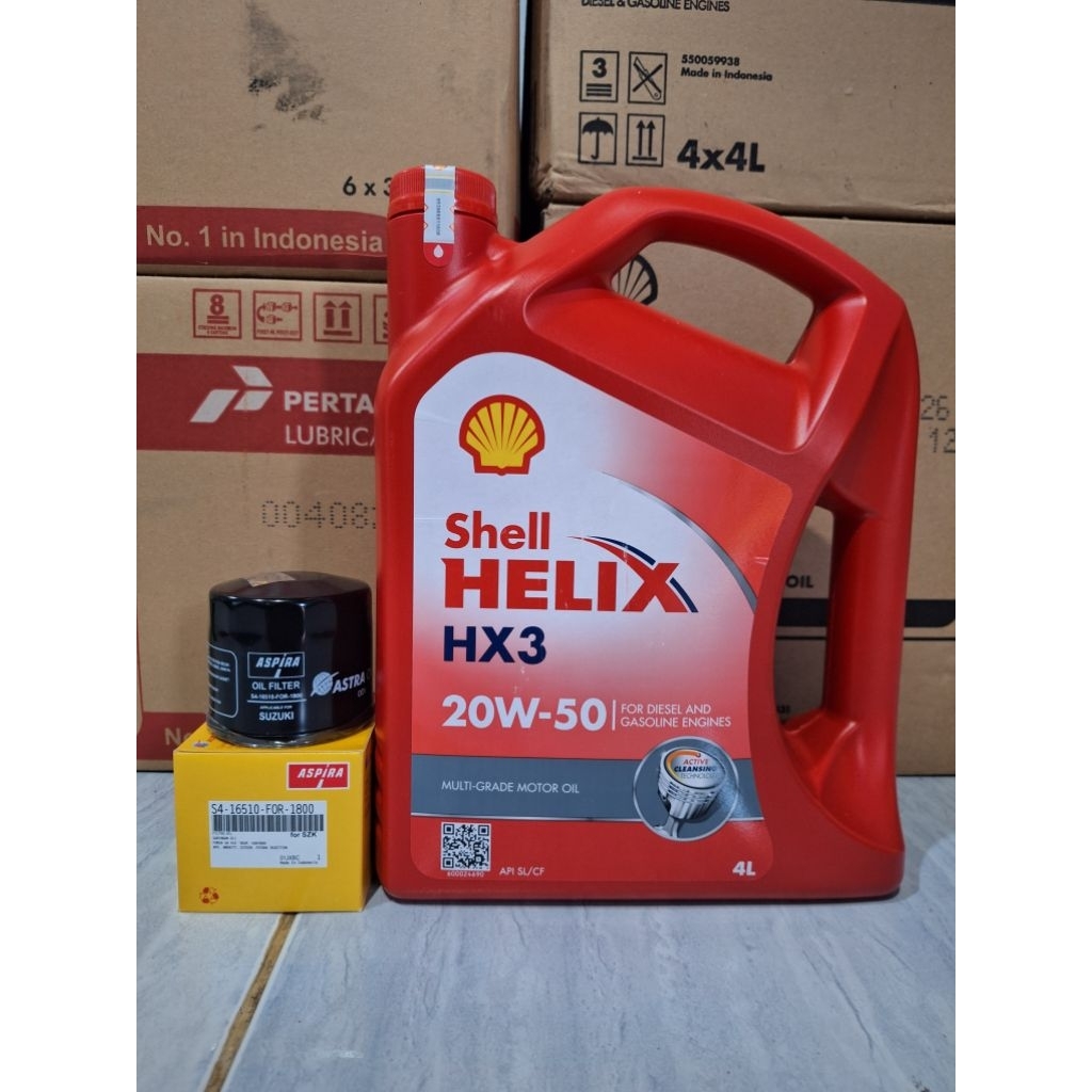 paket oli SHELL HX3 20W-50 4 Liter dan filter oli mobil SUZUKI Karimun, spresso, ertiga, XL7, carry,
