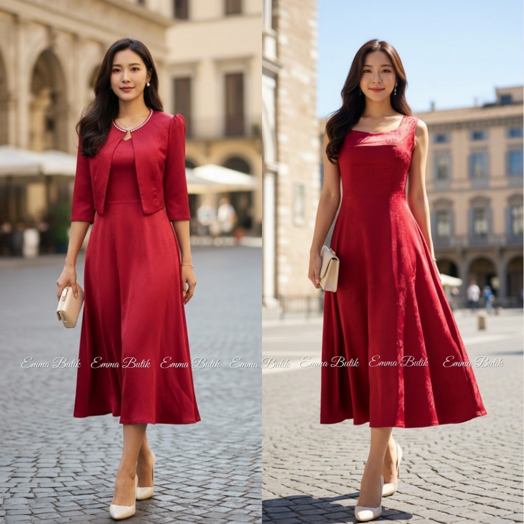 Emma.Butik E00764 Set Blazer Dress Wanita Gaun Silk Mewah Merah Pesta Kondangan Gereja Formal Crew N