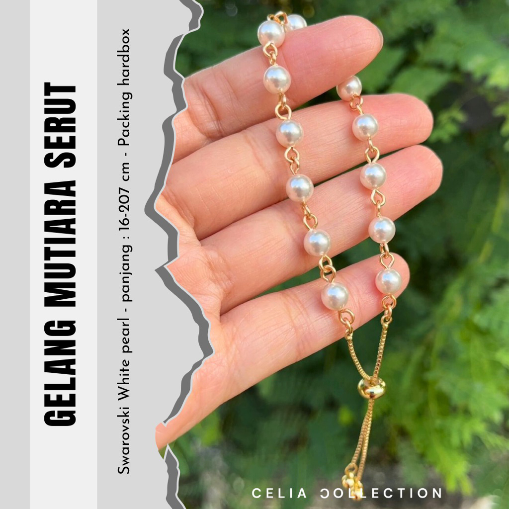 Gelang mutiara Swarovski dengan kait serut stainless warna gold