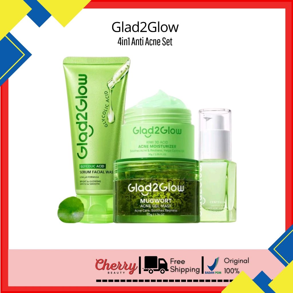 Glad2glow Paket Acne Glycolic Acid Cleanser - Bundling 2in1 3in1 4in1 Acne Set Kiwi - Salicylic Acid