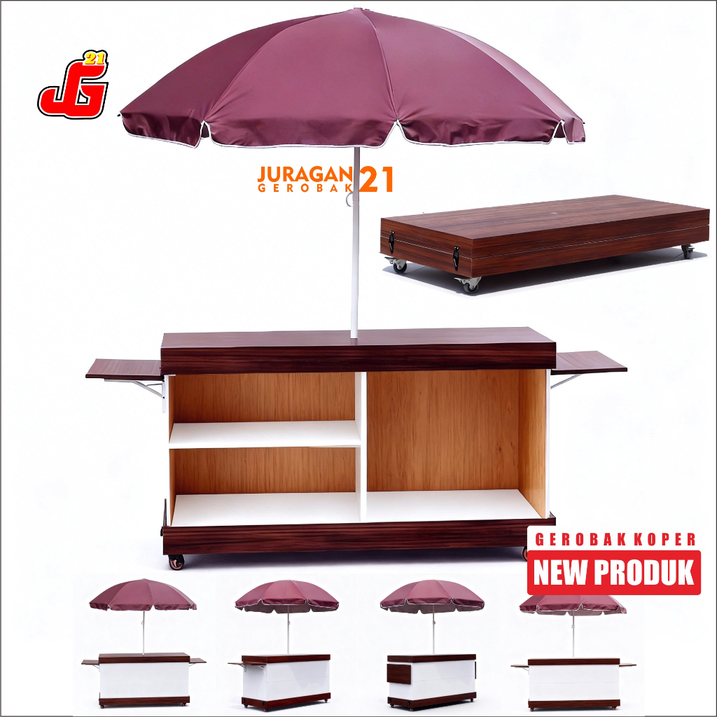 Booth Portable Lipat Model Koper Jumbo | Gerobak Jualan Minuman | Meja Booth Bazar + Roda + Payung