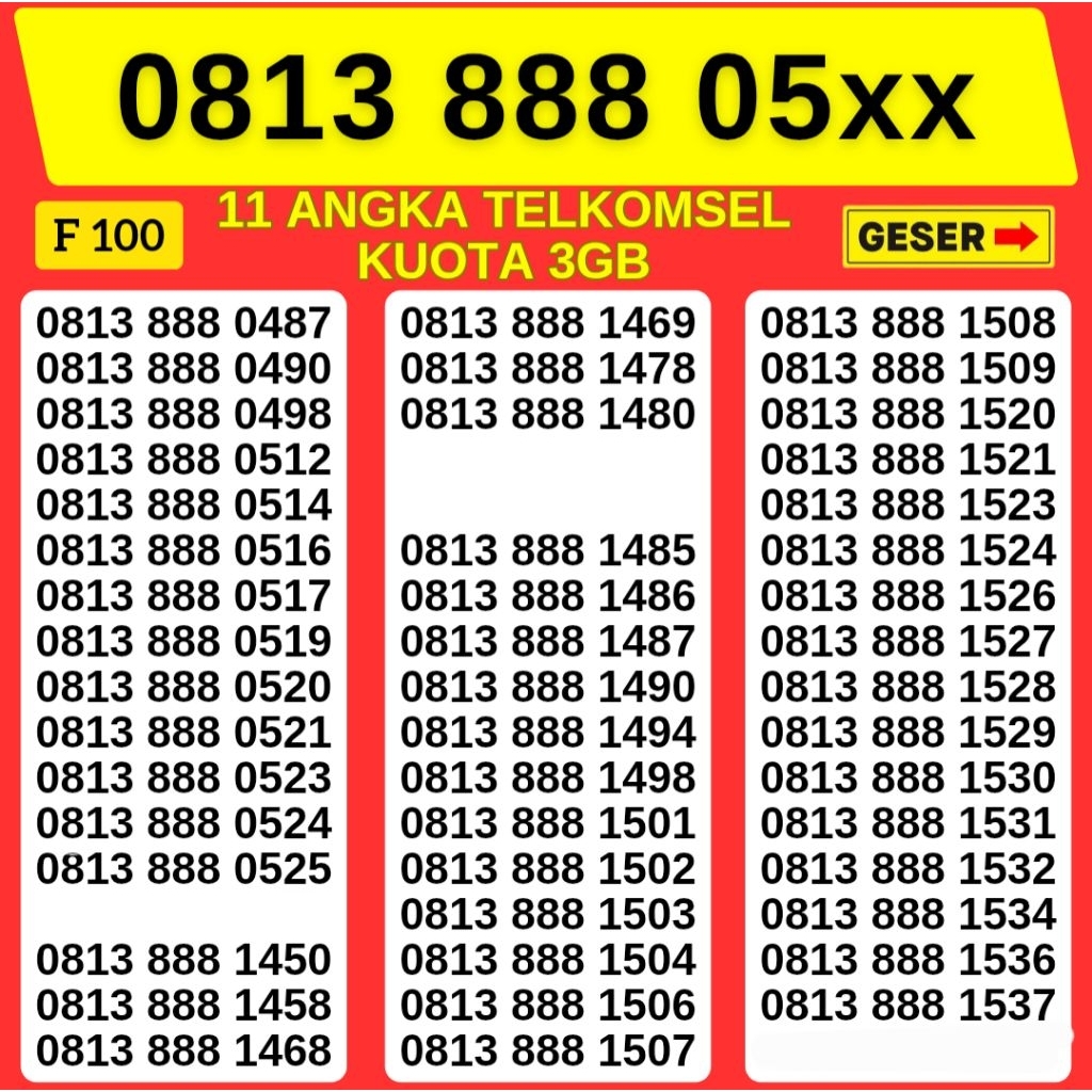11 Digit Bonus Kuota Nomor Cantik BOS 805 Telkomsel Tahun Hoki 888 ahun Kartu Perdana Telkomsel Tsel