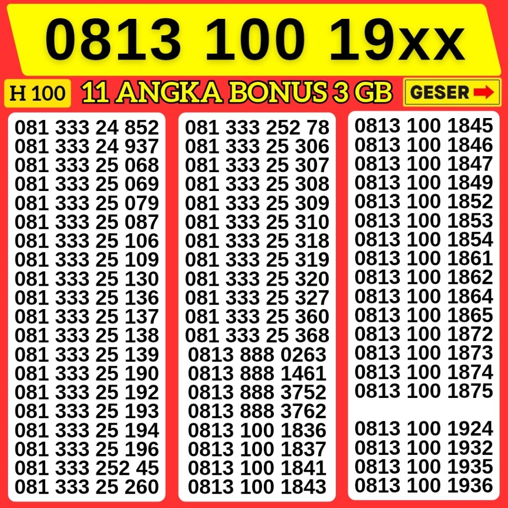11 Digit Bonus Kuota Nomor Cantik Telkomsel Hoki 1001 ahun Kartu Perdana Telkomsel Tsel Red Telkomse