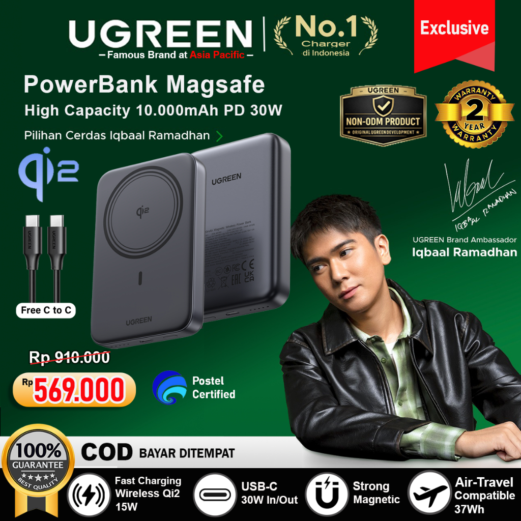UGREEN Power Bank Wireless Magsafe Magnetic Qi2 Fast Charging 15w 10.000Mah 45763
