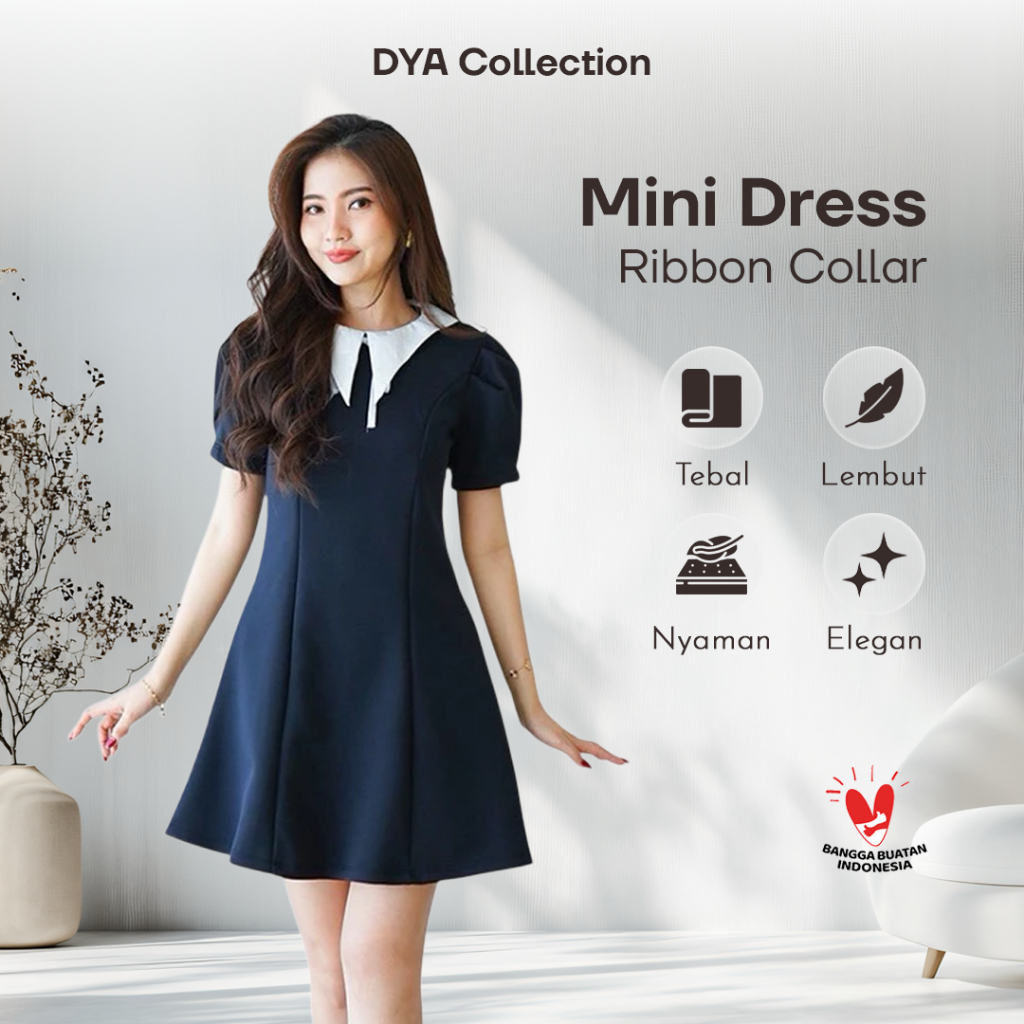 Mini Dress Ribbon Collar Wanita Elegan Pita Leher Slim Look Dress Premium Scuba Pita Leher Stylish